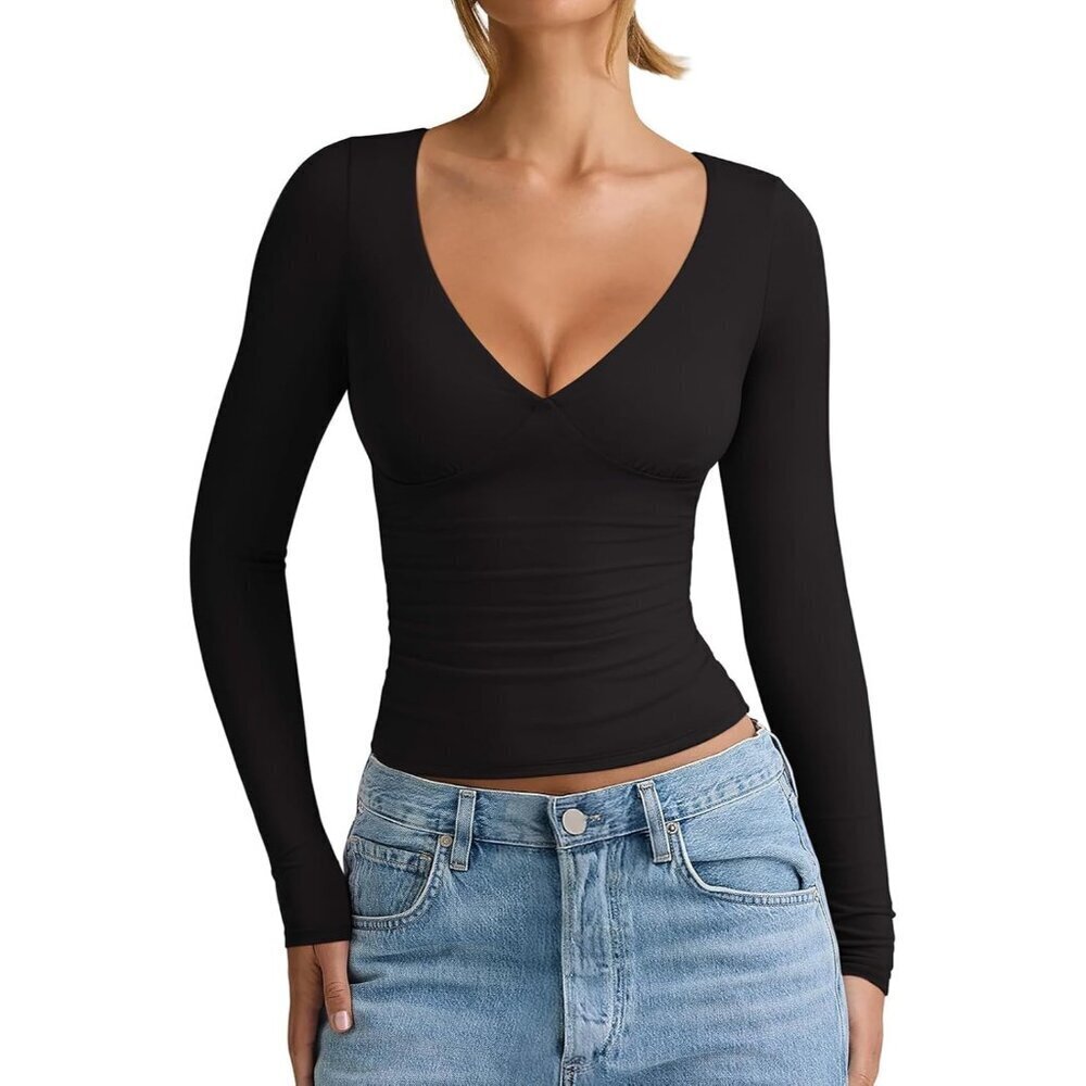 Womens Long Sleeve V-Neck Top Double-Lined Slim Fit Casual Shirt